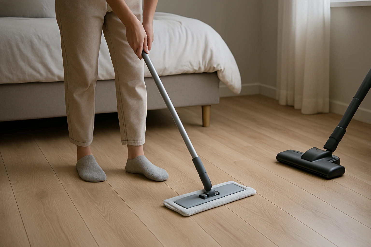 Laminate flooring cleaned with a barely damp mop