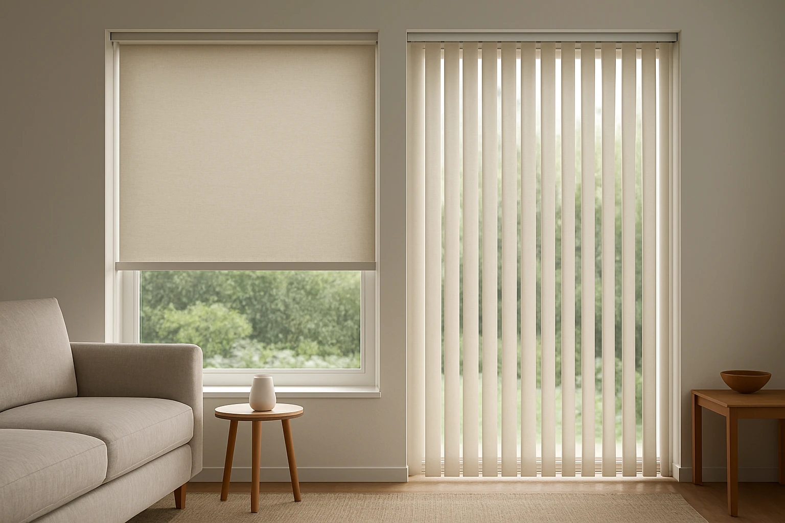 Roller and vertical blinds on adjacent windows
