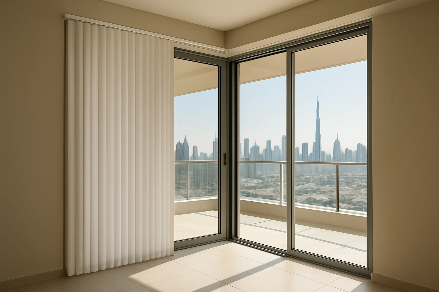 Vertical blinds stacked beside clear sliding doorway