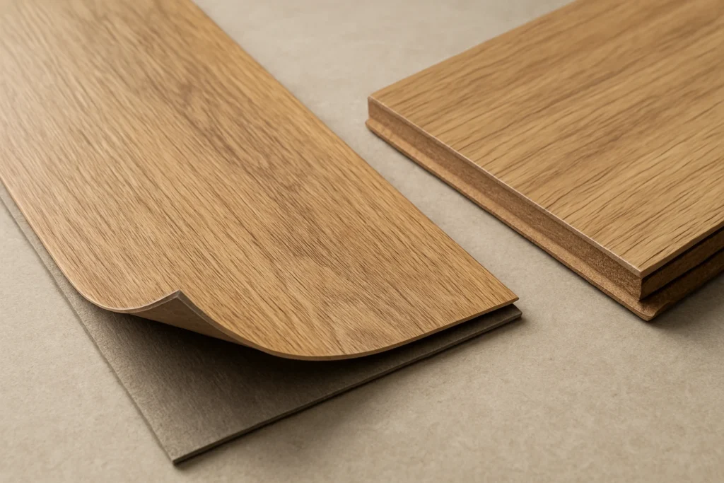 Vinyl and laminate flooring samples side by side