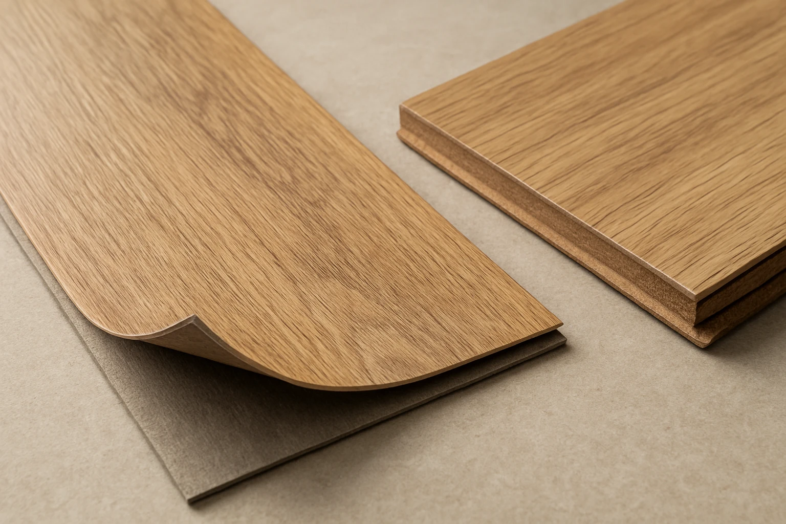 Vinyl and laminate flooring samples side by side